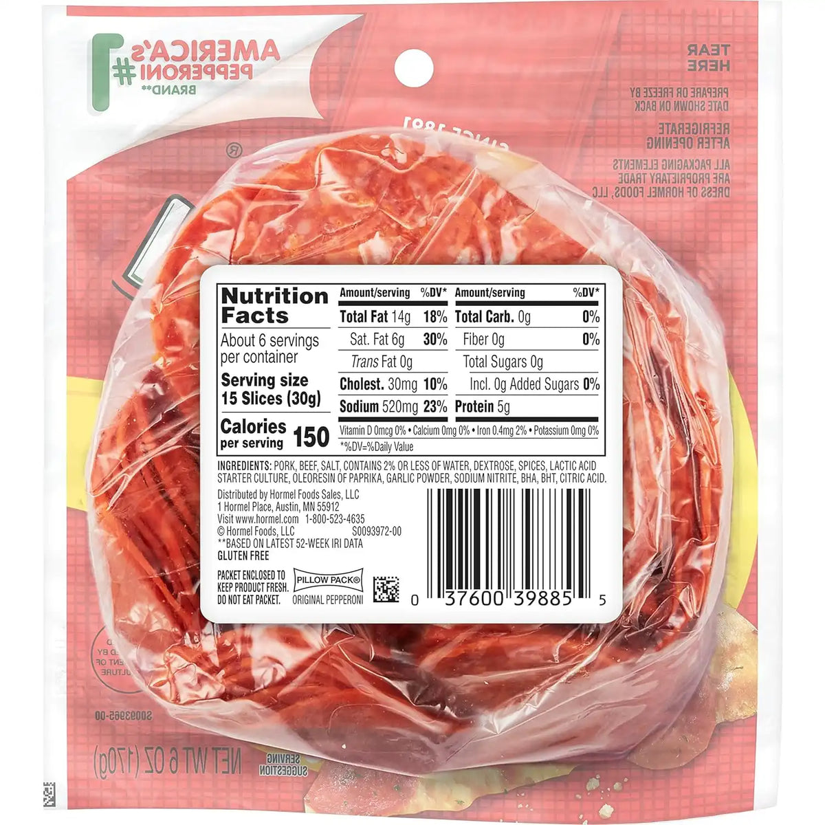 HORMEL Original Pepperoni Slices, Pizza Toppings, 6 Oz (1 Ct)